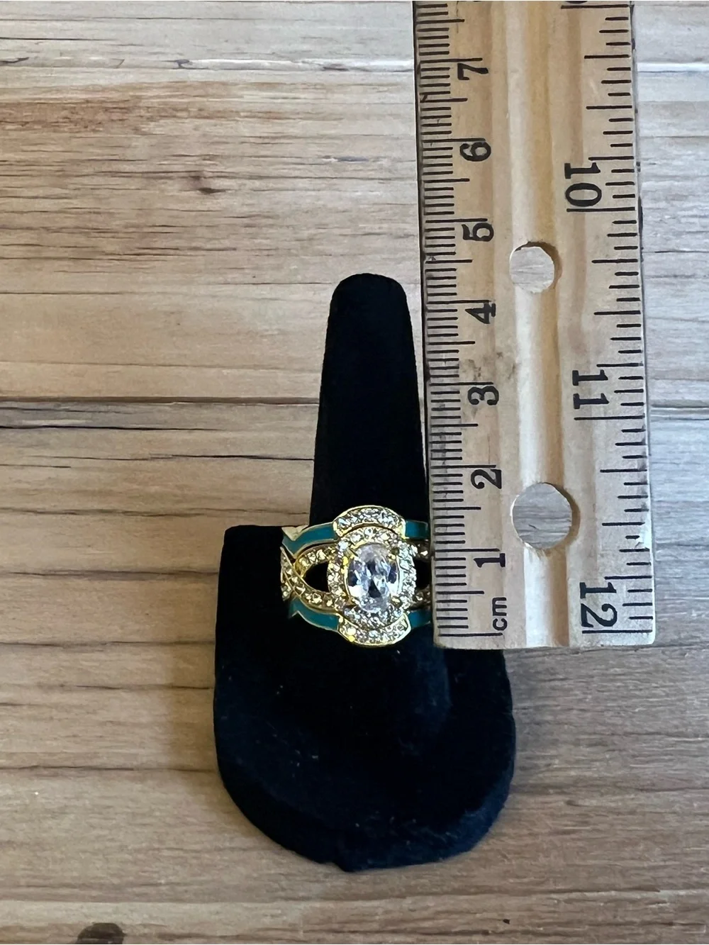 Gold-Tone Clear Oval Stone Center  Turquoise Accents Triple Band Ring Size 7